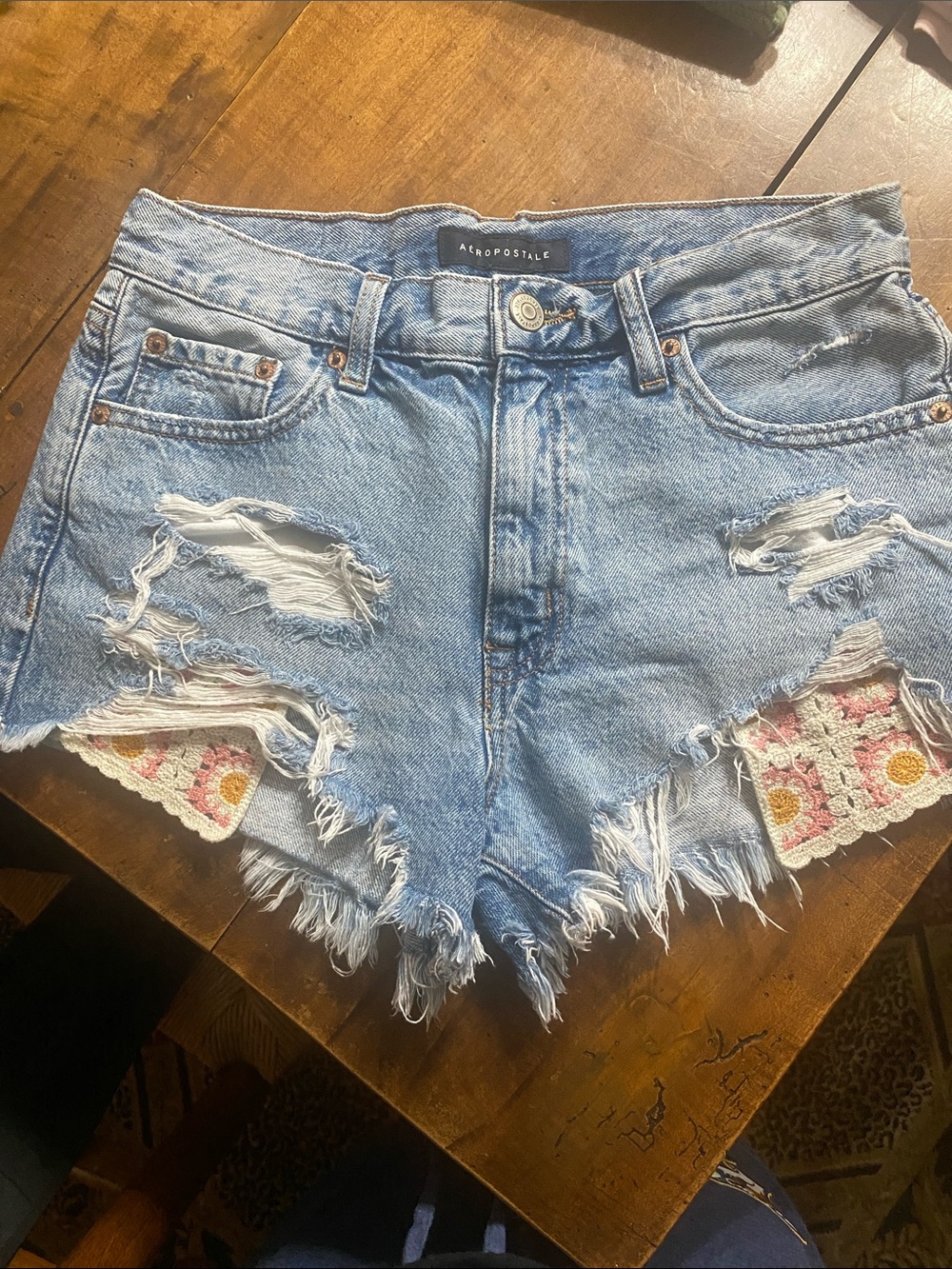 Aeropostale Light Blue Distressed Denim Shorts with Crochet Accents
